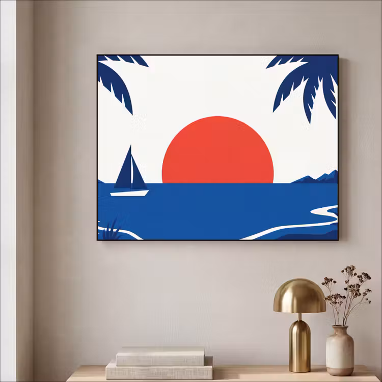 Zonsondergang - Zee - Palmboom - Tropisch - Modern Textielframe zwart klein -sfeer2