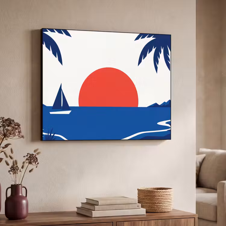 Zonsondergang - Zee - Palmboom - Tropisch - Modern Textielframe zwart klein -sfeer3
