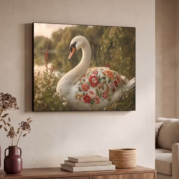 Zwaan - Bloemen - Natuur Textielframe zwart klein -sfeer3