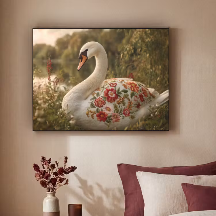 Zwaan - Bloemen - Natuur Textielframe zwart klein -sfeer1