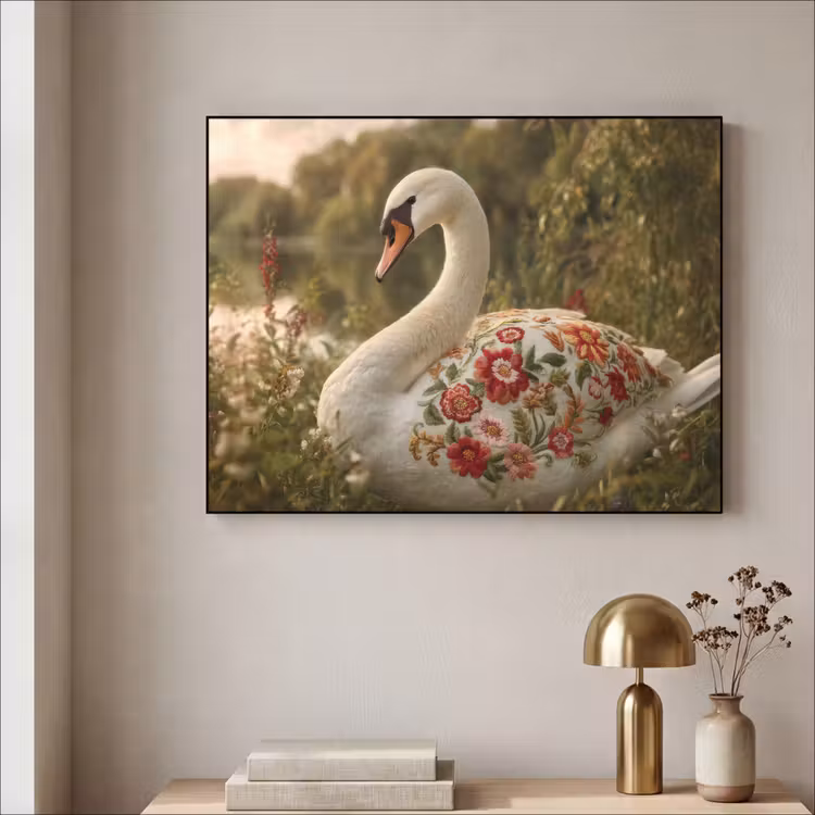 Zwaan - Bloemen - Natuur Textielframe zwart klein -sfeer2