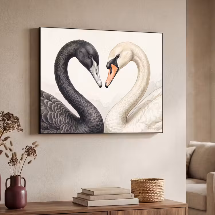 Zwanen - Hartvorm - Dieren Textielframe zwart klein -sfeer3