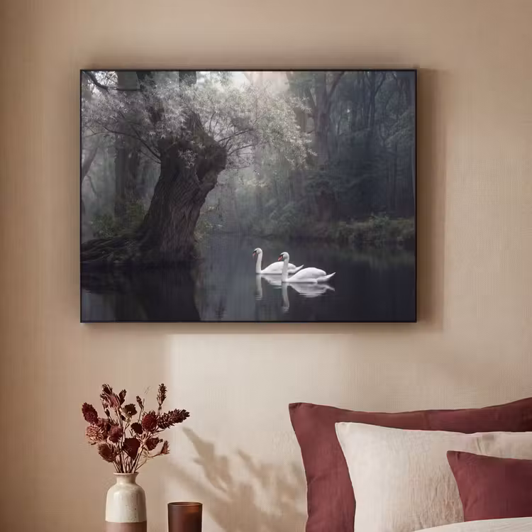 Zwanen - Rivier - Bos Textielframe zwart klein -sfeer1
