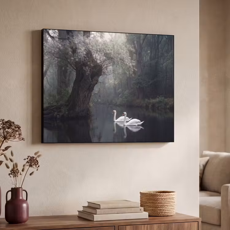 Zwanen - Rivier - Bos Textielframe zwart klein -sfeer3