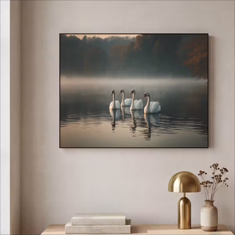 Zwanen - Wit - Water - Mist Textielframe - compleet frame klein -sfeer2