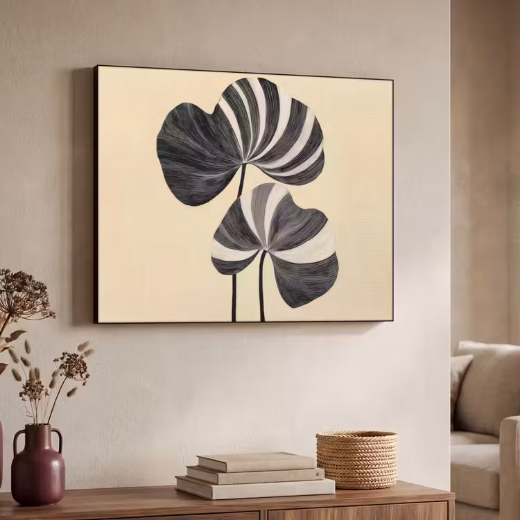 Zwart - Bladeren - Strepen - Minimalistisch Textielframe - compleet frame klein -sfeer3