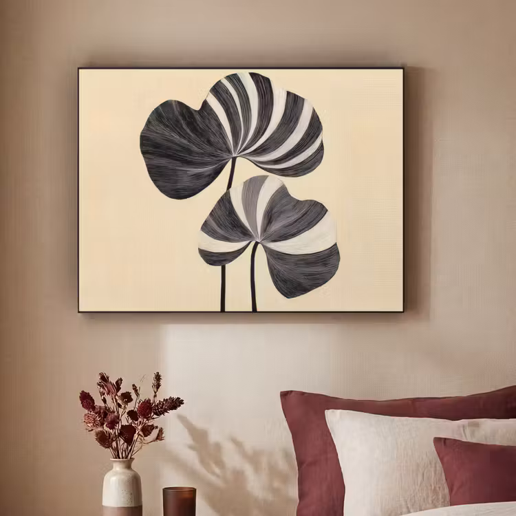 Zwart - Bladeren - Strepen - Minimalistisch Textielframe - compleet frame klein -sfeer1