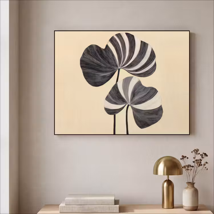 Zwart - Bladeren - Strepen - Minimalistisch Textielframe - compleet frame klein -sfeer2
