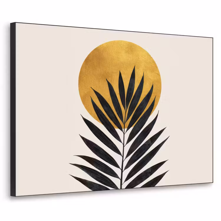 Zwart palmblad - Gouden cirkel - Beige achtergrond Textielframe - compleet frame klein -3d