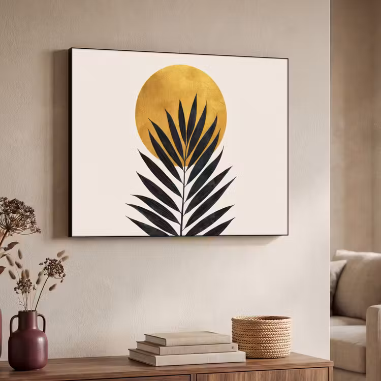 Zwart palmblad - Gouden cirkel - Beige achtergrond Textielframe - compleet frame klein -sfeer3