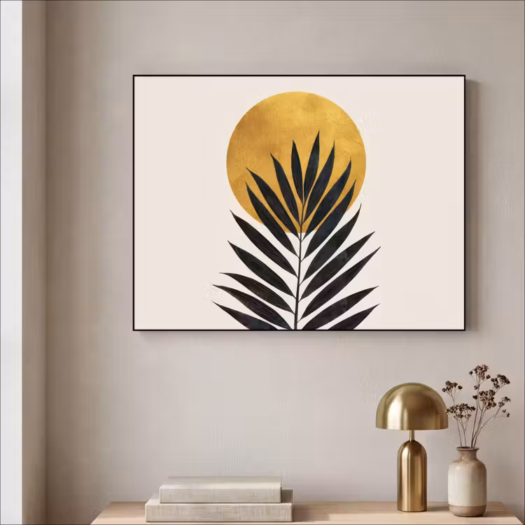 Zwart palmblad - Gouden cirkel - Beige achtergrond Textielframe - compleet frame klein -sfeer2