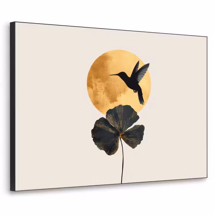 Zwarte kolibrie - Bloem - Gouden cirkel Textielframe - compleet frame klein -3d