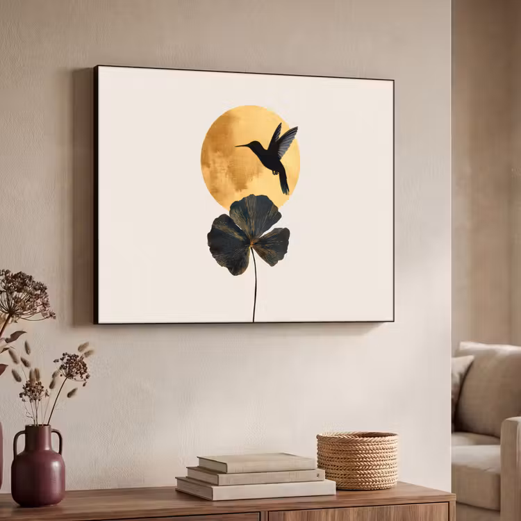 Zwarte kolibrie - Bloem - Gouden cirkel Textielframe - compleet frame klein -sfeer3