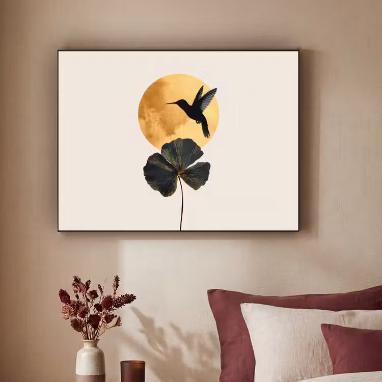Zwarte kolibrie - Bloem - Gouden cirkel Textielframe zwart klein -sfeer1