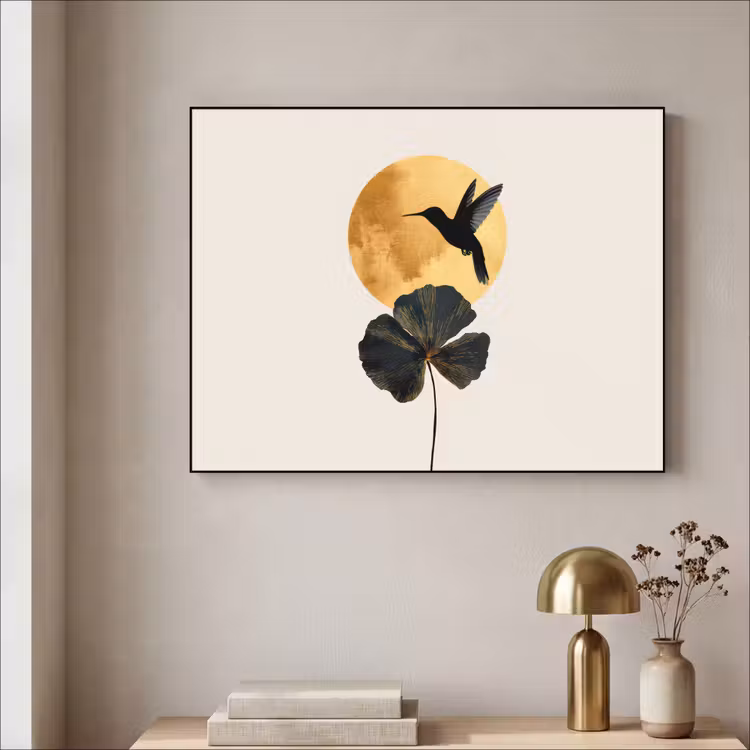 Zwarte kolibrie - Bloem - Gouden cirkel Textielframe - compleet frame klein -sfeer2