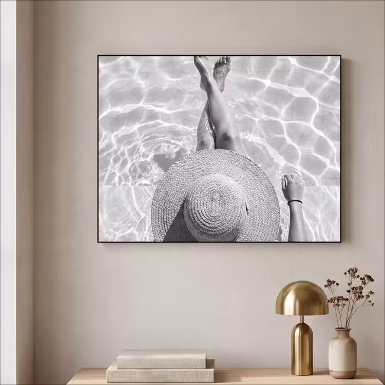 Zwembad - Hoed - Water - Zwart - Wit - Zomers Textielframe zwart klein -sfeer2