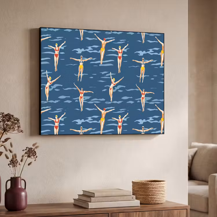 Zwemsters- Retro - Blauw Textielframe zwart klein 947 -sfeer3