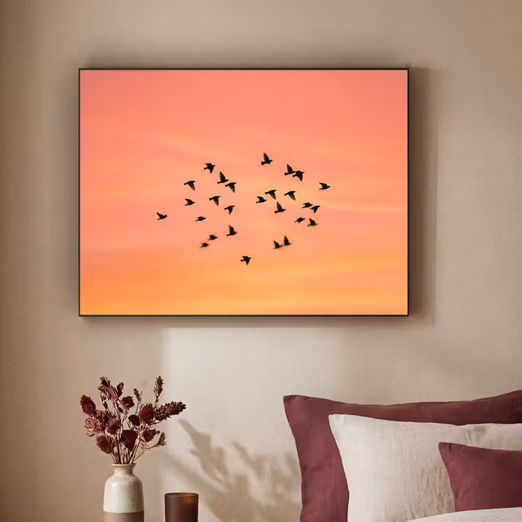 Zwerm - Vogels - Oranje Textielframe zwart klein -sfeer1