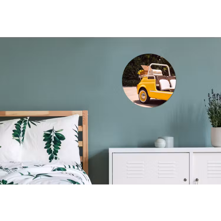 Auto - Picknick - Zomer - Geel Wandcirkel aluminium klein -slaapkamer