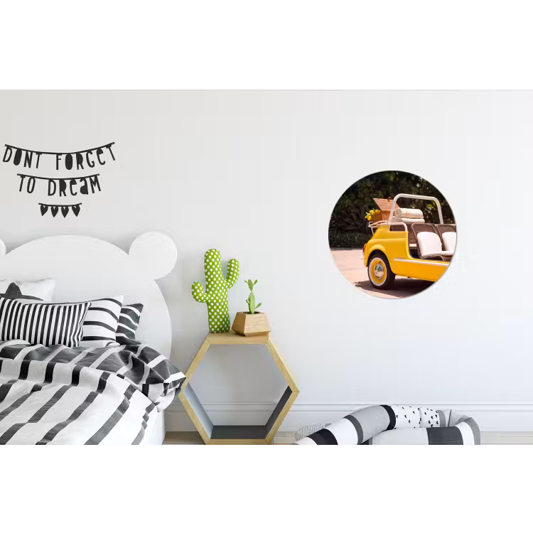 Auto - Picknick - Zomer - Geel Wandcirkel aluminium klein -kinderkamer