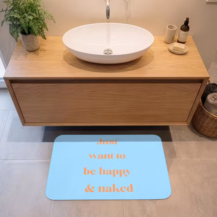 Blauw - Oranje - Just want to be happy & naked Badmat klein -sfeer1