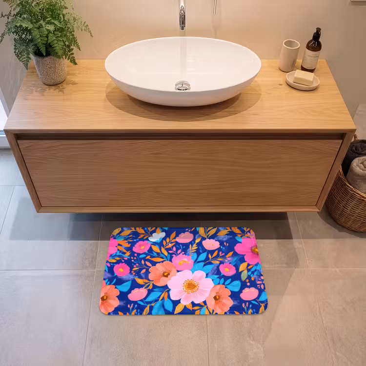 Bloemen - Blauw - Roze Badmat klein -sfeer1