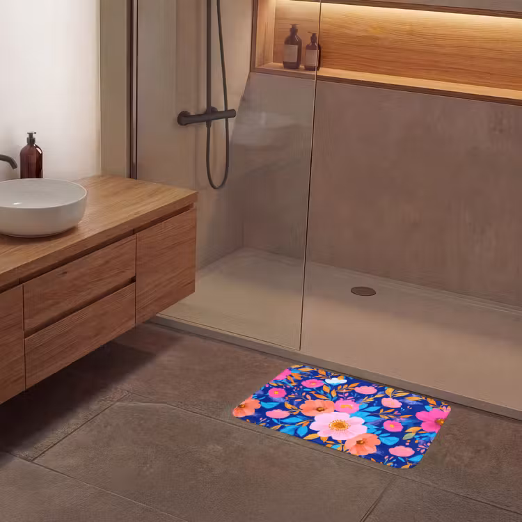 Bloemen - Blauw - Roze Badmat klein -sfeer2