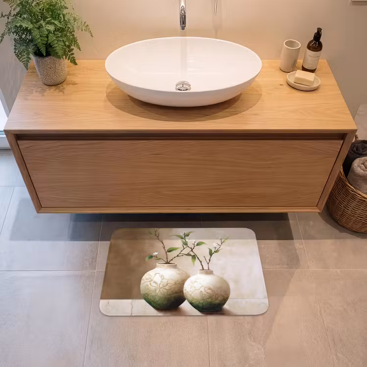 Bloemen - Vaas - Wit - Botanisch - Beige Badmat klein -sfeer1