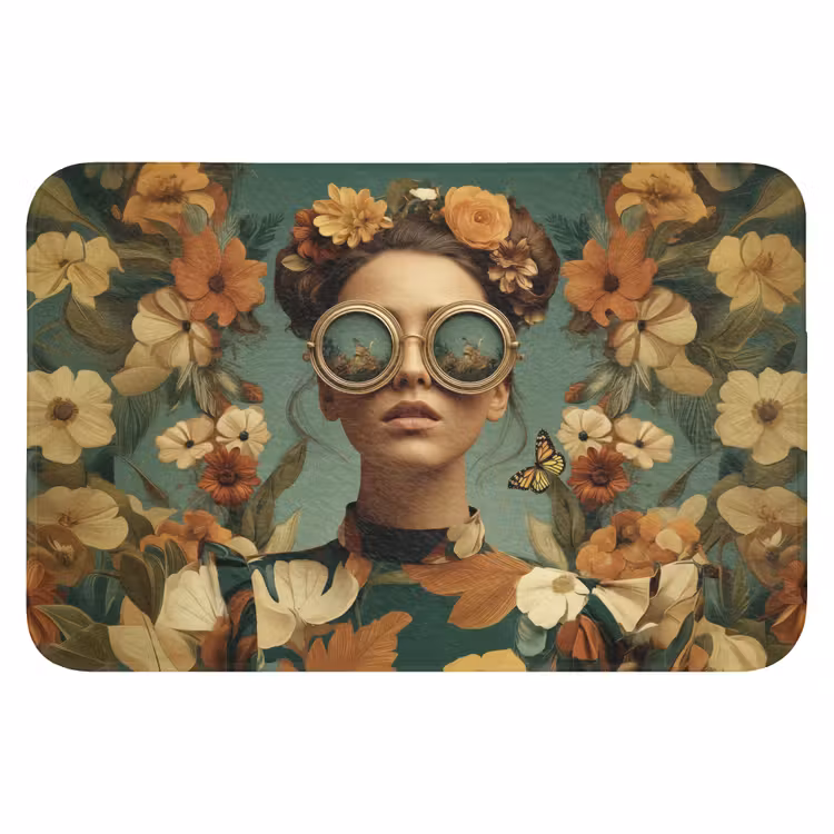 Bloemenkrans - Vrouwengezicht - Zonnebril - Oranje Badmat klein -3d