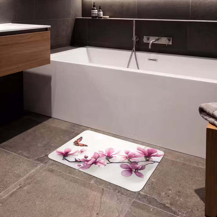 Bloesem - Vlinder - Roze - Natuur - Wit Badmat klein -sfeer3