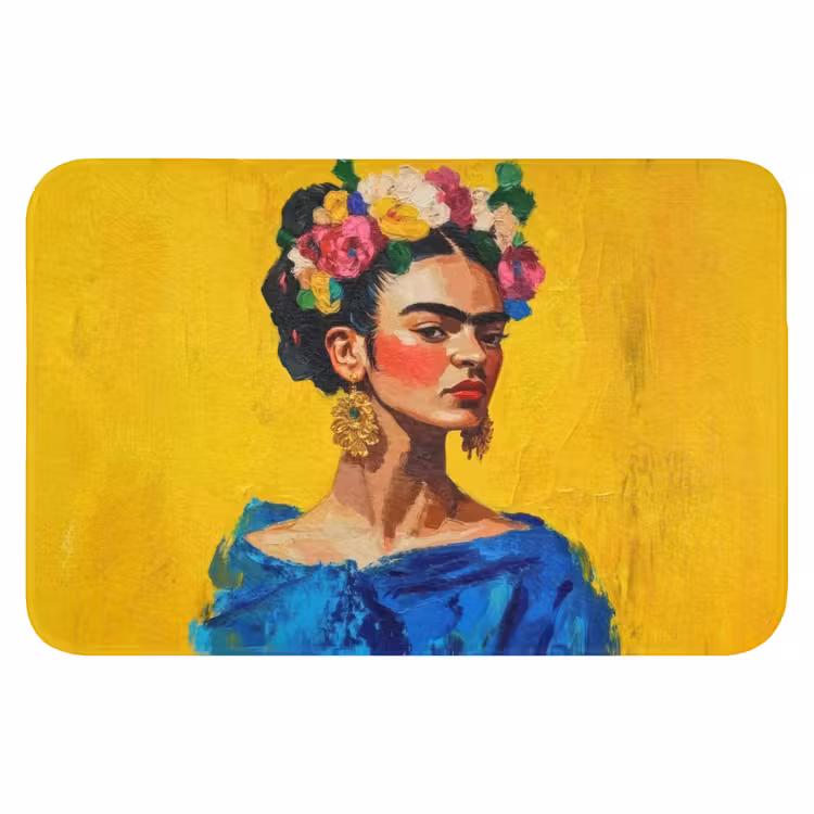 Frida Kahlo - Vrouw - Geel - Blauw - Bloemen Badmat klein -3d