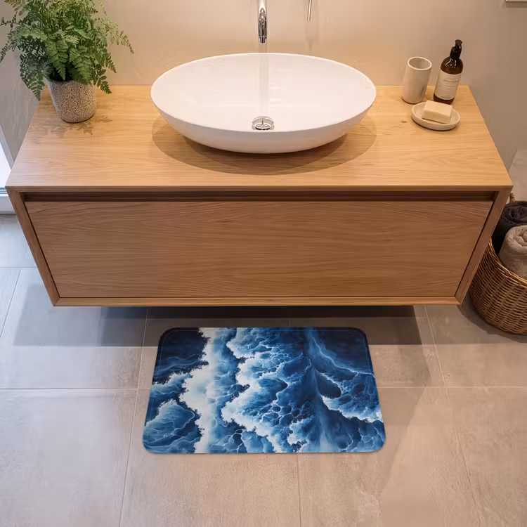 Golven - Blauw - Schuim Badmat klein -sfeer1