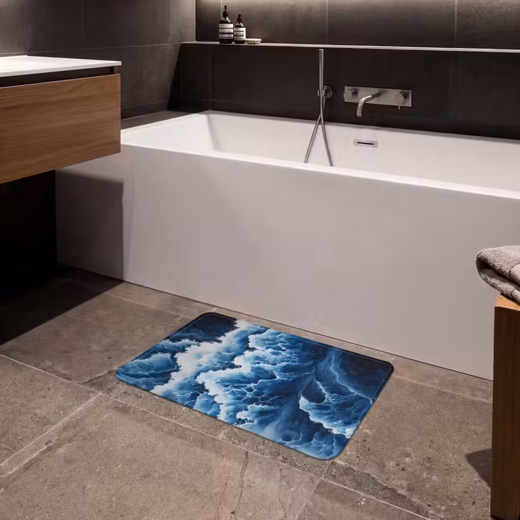 Golven - Blauw - Schuim Badmat klein -sfeer3