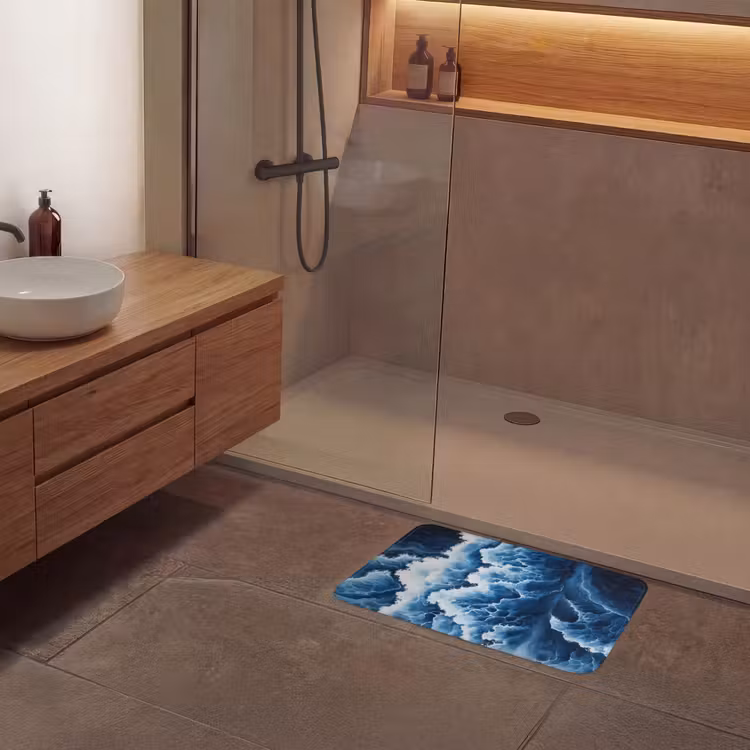 Golven - Blauw - Schuim Badmat klein -sfeer2