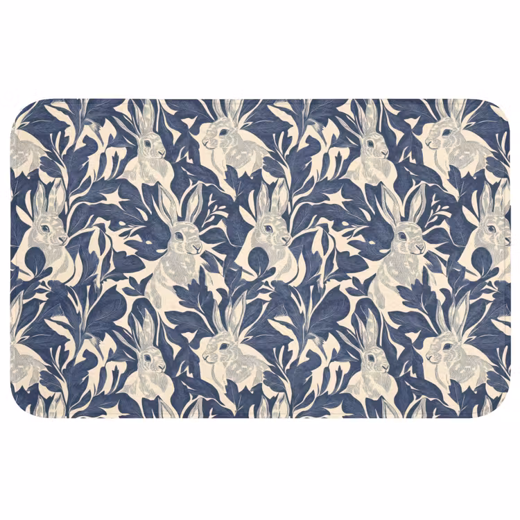 Hazen - Bladeren - Patroon - Blauw - Beige Badmat klein 997 -3d