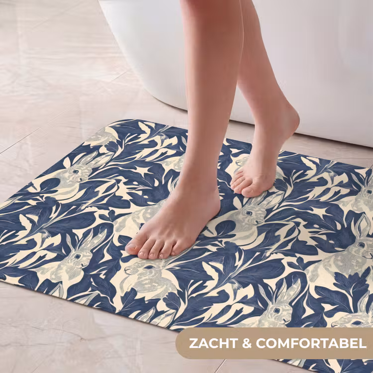 Hazen - Bladeren - Patroon - Blauw - Beige Badmat klein 997 -USP_ZachtNL