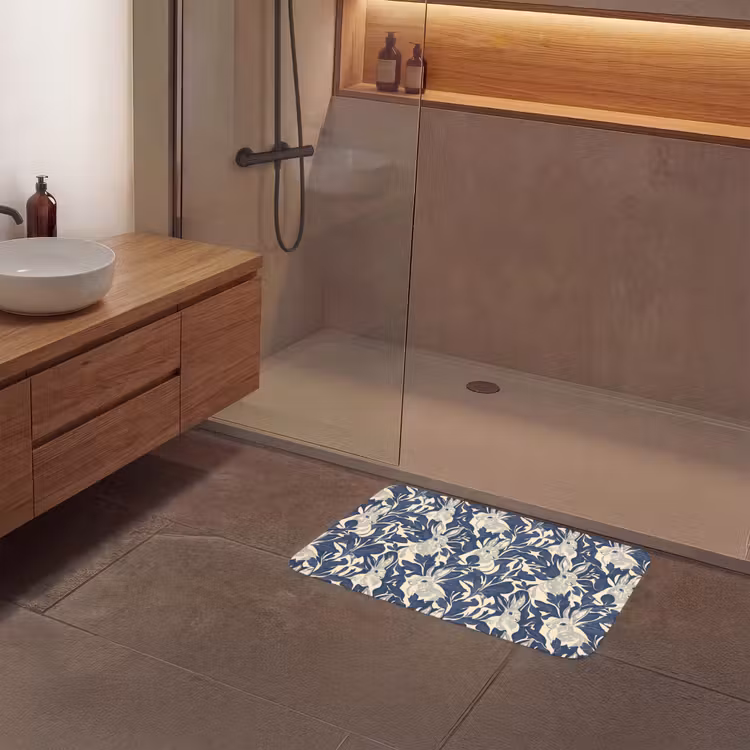 Hazen - Bladeren - Patroon - Blauw - Beige Badmat klein 997 -sfeer2