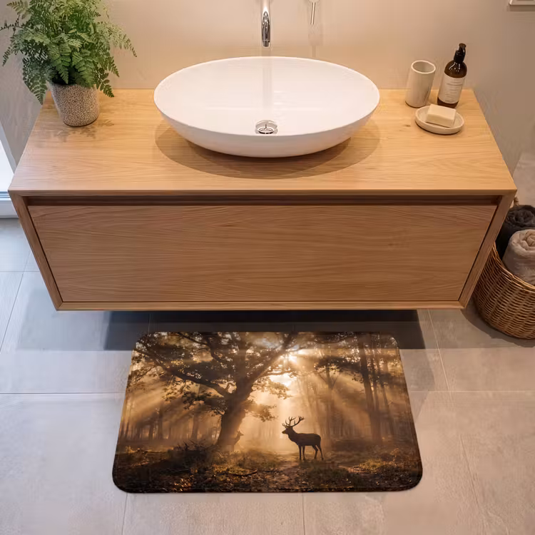 Hert - Bos - Mistig - Natuur - Goud Badmat klein -sfeer1