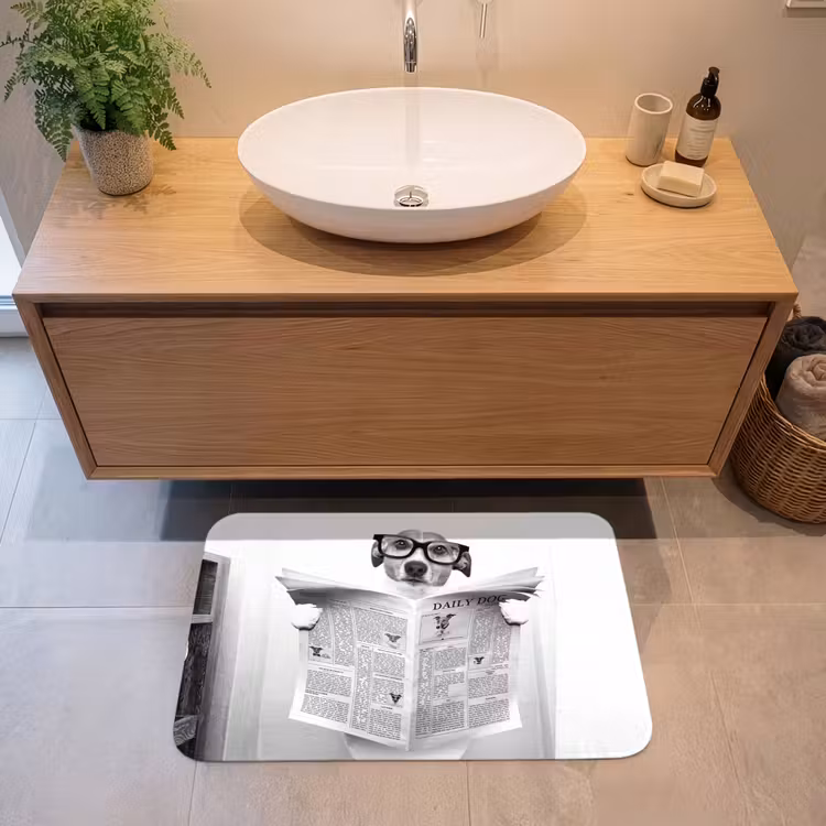 Hond - Krant - Toilet - Zwart wit - Dieren Badmat klein -sfeer1