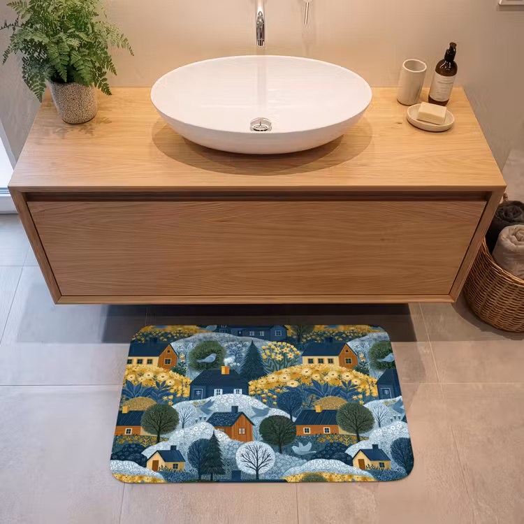 Huisjes - Bloemen - Patroon - Geel - Blauw Badmat middel 997 -sfeer1