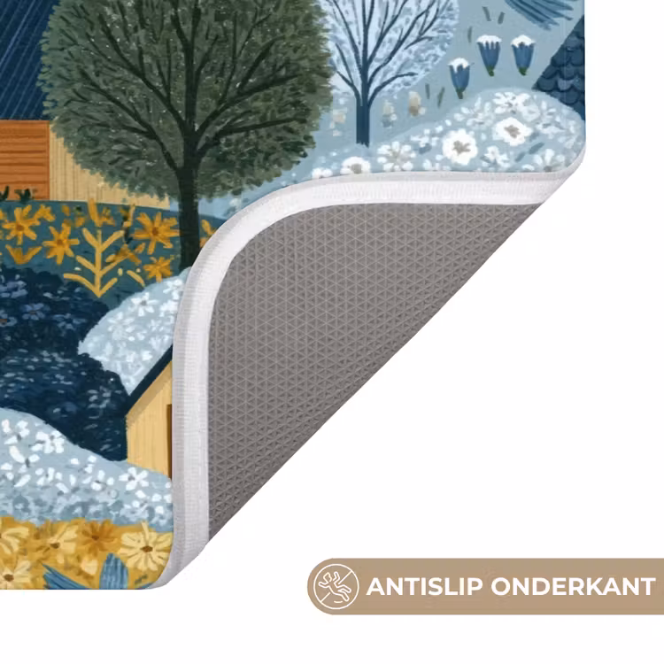 Huisjes - Bloemen - Patroon - Geel - Blauw Badmat middel 997 -USP_AntislipNL