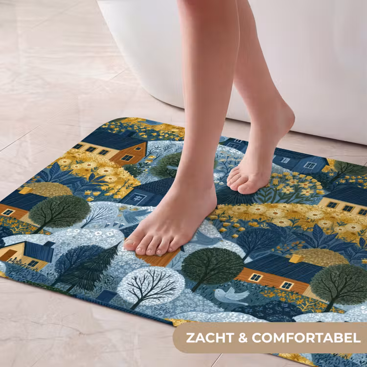Huisjes - Bloemen - Patroon - Geel - Blauw Badmat middel 997 -USP_ZachtNL