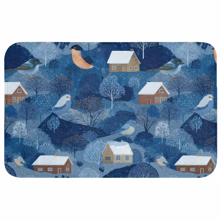 Huisjes - Vogels - Sneeuw - Winter - Blauw Badmat klein 997 -3d