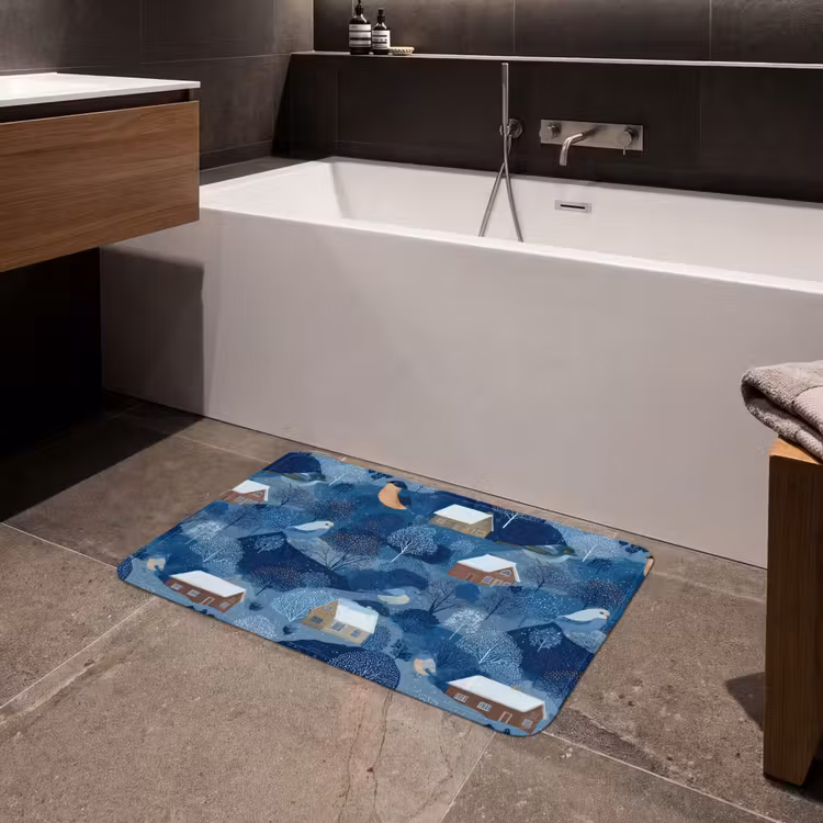 Huisjes - Vogels - Sneeuw - Winter - Blauw Badmat klein 997 -sfeer3