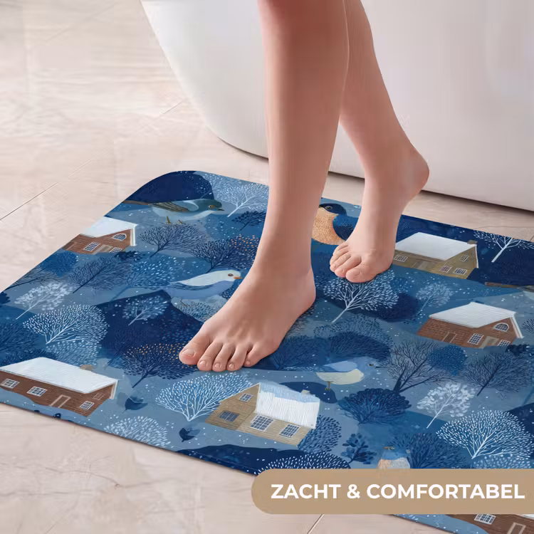 Huisjes - Vogels - Sneeuw - Winter - Blauw Badmat klein 997 -USP_ZachtNL