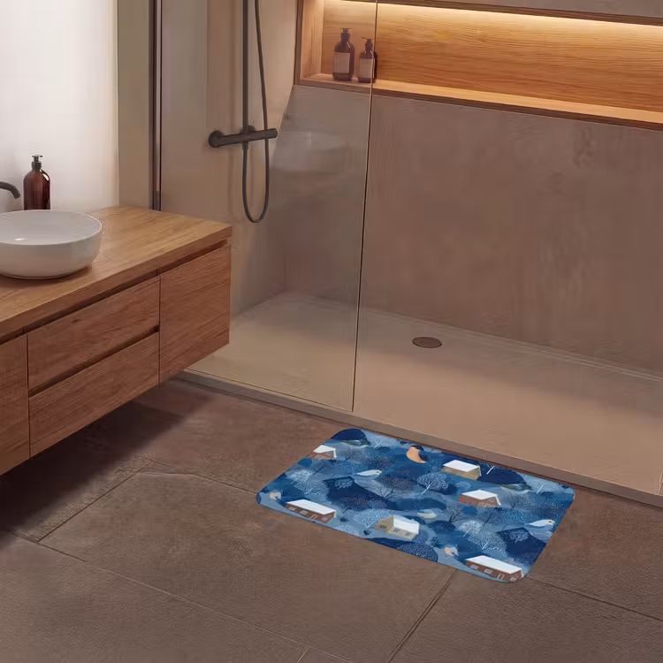Huisjes - Vogels - Sneeuw - Winter - Blauw Badmat klein 997 -sfeer2