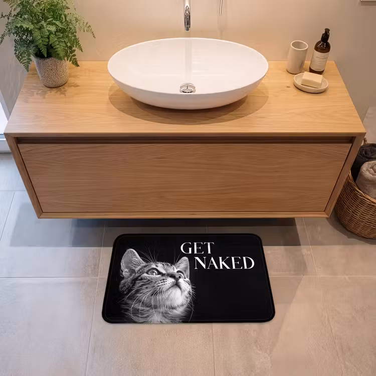 Kat - Dieren - quote - Get naked - Zwart Badmat klein -sfeer1