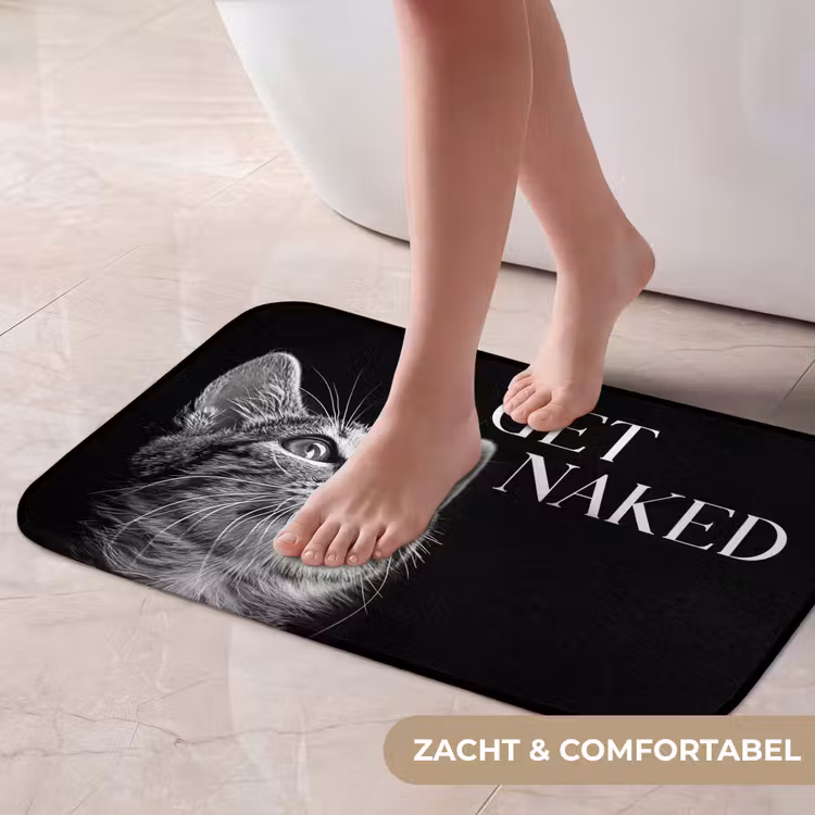 Kat - Dieren - quote - Get naked - Zwart Badmat klein -USP_ZachtNL