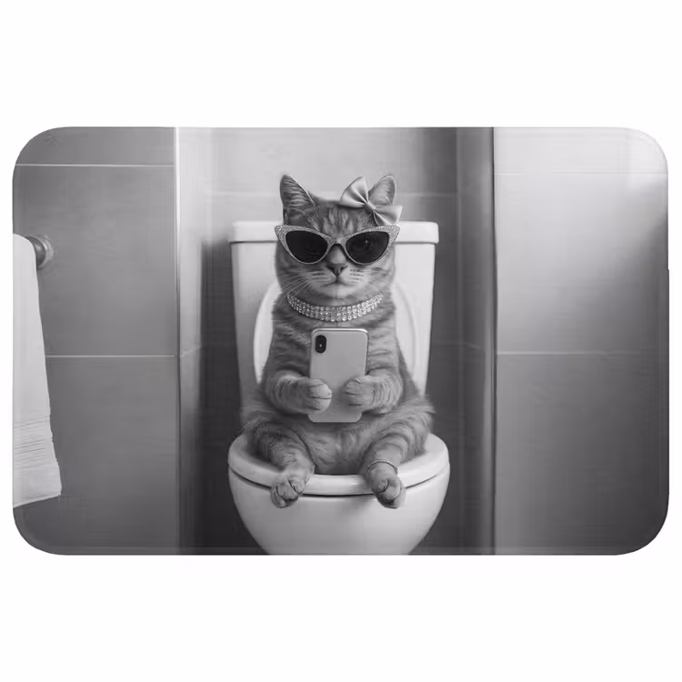 Kat - Telefoon - Toilet - Zwart - Wit Badmat klein -3d