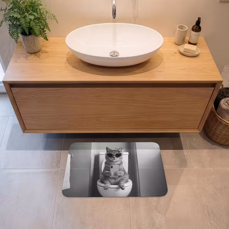 Kat - Telefoon - Toilet - Zwart - Wit Badmat klein -sfeer1